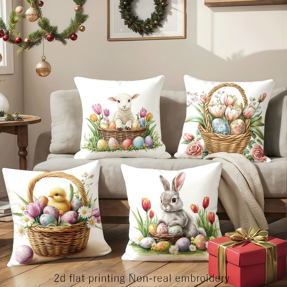 Illustrative 18x18 inch pillow cover with watercolor-style Easter lambs, bunnies, chicks, tulips, or colorful eggs in woven baskets, styled on a sofa for holiday décor – Coastal Pillows Plus