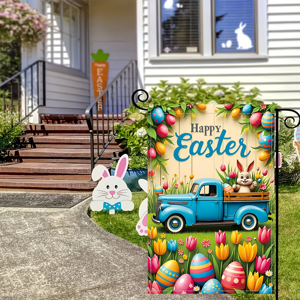 Easter Garden Flag – Vintage Truck & Rabbit Design, 12" x 18"