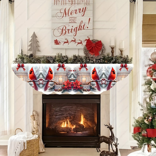 Red Cardinal & Poinsettia Wreath Mantel Scarf