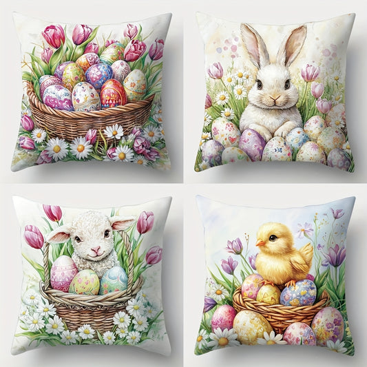 Endearing 18x18 inch Easter pillow cover with bunnies, chicks, lambs, eggs, and pastel floral patterns, styled on sofas or chairs for spring and Easter décor – Coastal Pillows Plus